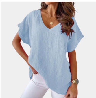 Solid Color Cotton And Linen Short-sleeved V-neck Shirt T-shirt For Women